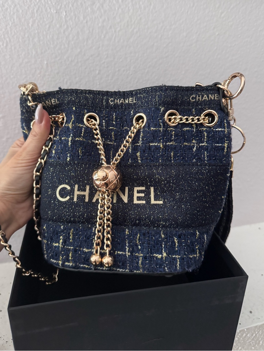 CHANEL VIP beaute Navy Mini Bucket Bag with Gold Chain Drawstring